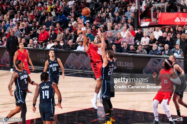 Toumani Camara of the Portland Trail Blazers shoots the ball during the game against the Orlando Magic on October 27, 2023 at the Portland Trail...