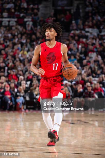 Shaedon Sharpe of the Portland Trail Blazers handles the ball during the game against the Orlando Magic on October 27, 2023 at the Portland Trail...