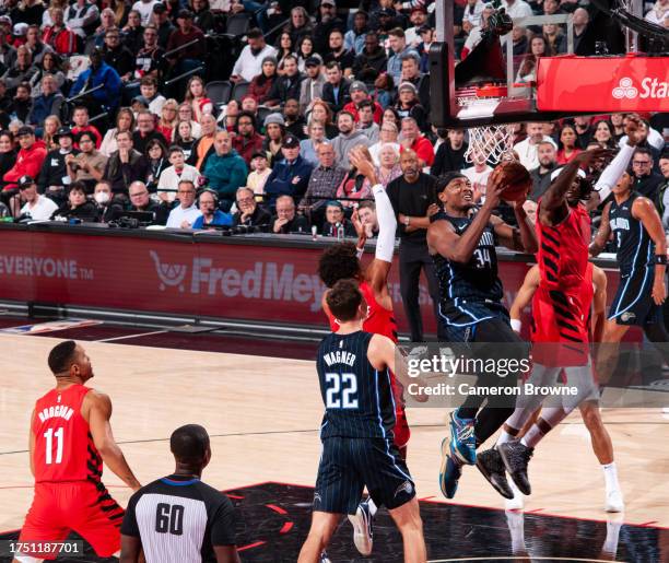 Wendell Carter Jr. #34 of the Orlando Magic drives to the basket during the game against the Portland Trail Blazers on October 27, 2023 at the...