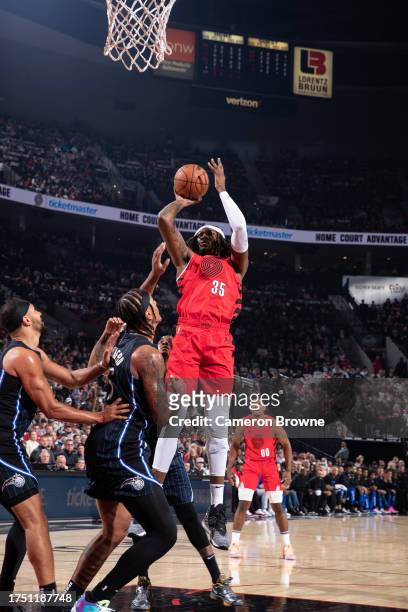 Robert Williams III of the Portland Trail Blazers shoots the ball during the game against the Orlando Magic on October 27, 2023 at the Portland Trail...