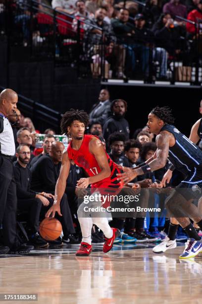 Shaedon Sharpe of the Portland Trail Blazers handles the ball during the game against the Orlando Magic on October 27, 2023 at the Portland Trail...