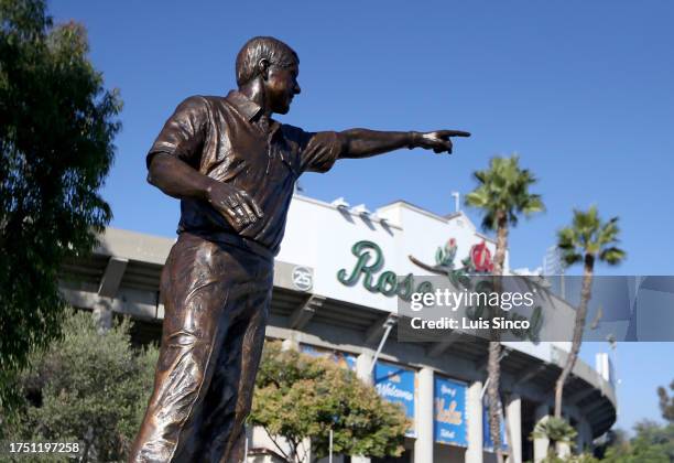 Pasadena, CA - A new statue of the late great UCLA Bruins football coach Terry Donahue stands outside the Rose Bowl in Pasadena.