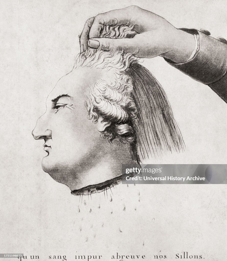 The French Revolution showing a hand holding the decapitated head of Louis XVI