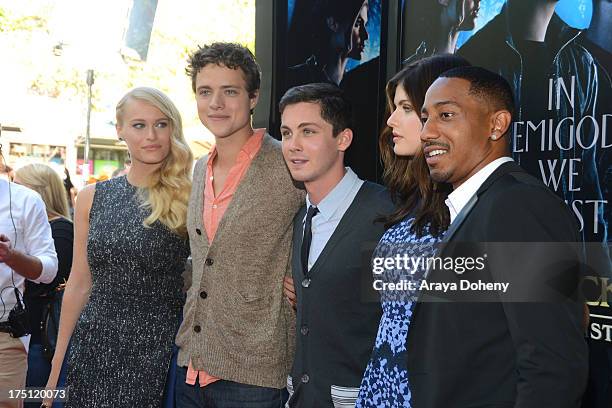 Leven Rambin, Douglas Smith, Logan Lerman, Alexandra Daddario and Brandon T. Jackson arrive at a special fan screening of 'Percy Jackson: Sea Of...