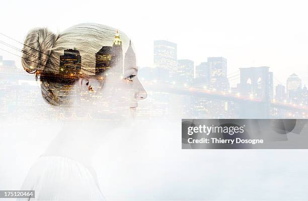 multiple exposure of a woman and new york city by - newsustainability imagens e fotografias de stock