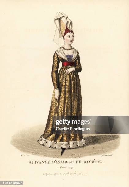 Lady in waiting to Isabelle of Bavaria, wife of King Charles VI, 1389. She wears a tall conical bonnet with long veil, necklace, and gold dress with...