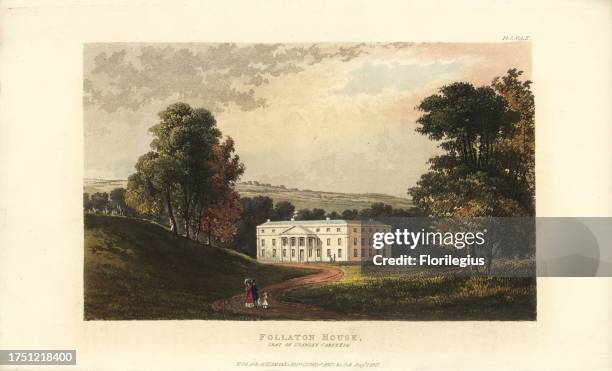 Follaton House, seat of Stanley Carey, Totnes Devon. Built by the architect George Stanley Repton in 1826. Handcoloured copperplate engraving from...