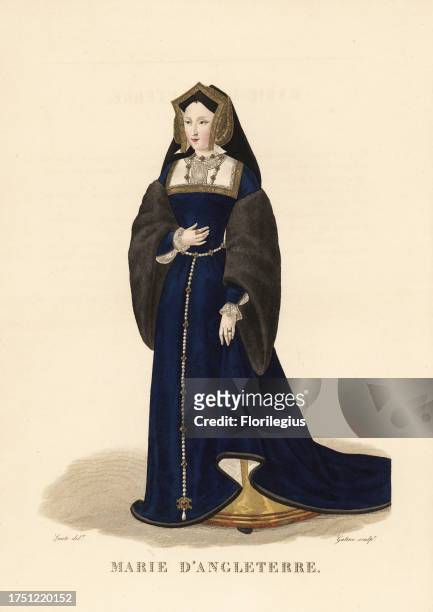 Mary Tudor, daughter of Henry VII of England, queen to King Louis XII of France, 1496-1533. She wears a gable hood, a blue velvet surtout trimmed...