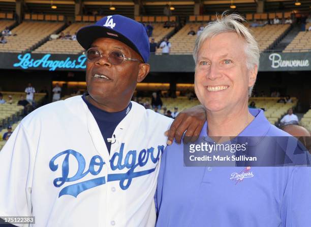 Actor Samuel L. Jackson and founder and the chief executive officer of Guggenheim Partners Mark Walter before the game between the New York Yankees...