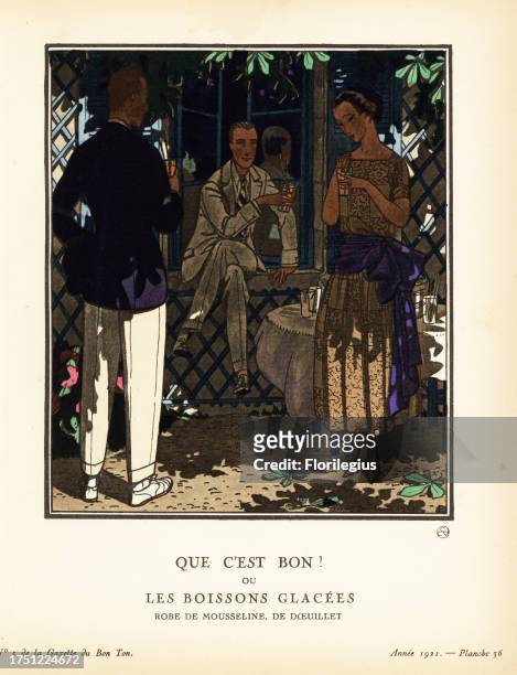 Woman in chiffon and lace dress, blue satin belt, drinking iced drinks in a gazebo with two gentlemen. Que c’est bon! ou les boissons glacees. Voici,...