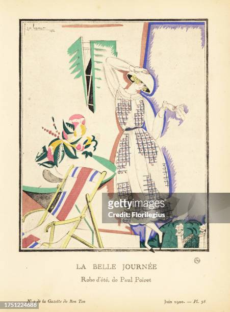 Woman in summer dress of printed chiffon, collar and sleeve in organdi. With deckchair, table and flowers. La Belle Journee. Robe d’ete de Paul...