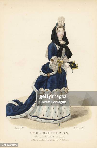Francoise d'Aubigne, Madame Scarron, Marquise de Maintenon, second wife to King Louis XIV of France, 1635-1719. She wears a black hood over a tall...