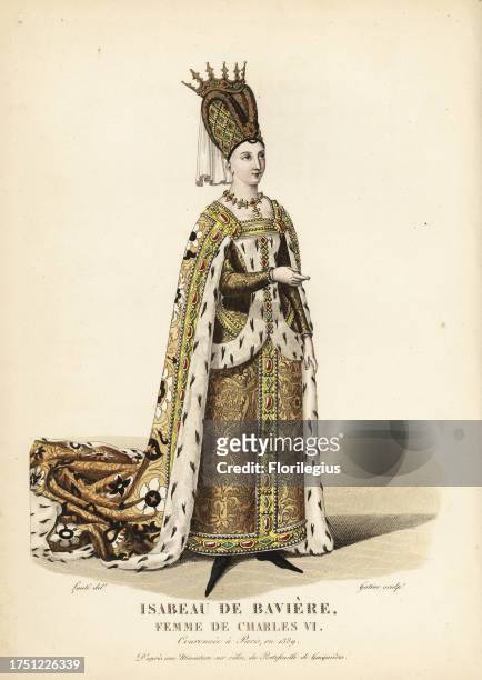 Isabelle de Bavaria, wife of King Charles VI. In her wedding dress, aged 14, 1385. She wears a tall headdress with diadem, royal mantle over a sur...