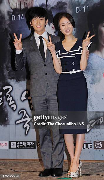 Lee Joon-Gi and Park Ha-Sun attend the MBC Drama '2 Weeks' press conference at Heritz on July 31, 2013 in Seoul, South Korea.