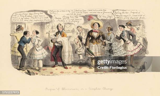 Progress of Bloomerism, or a Complete Change, 1852. Gentleman holding a baby while his wife in skirt and bloomers leaves for her club with her girls....