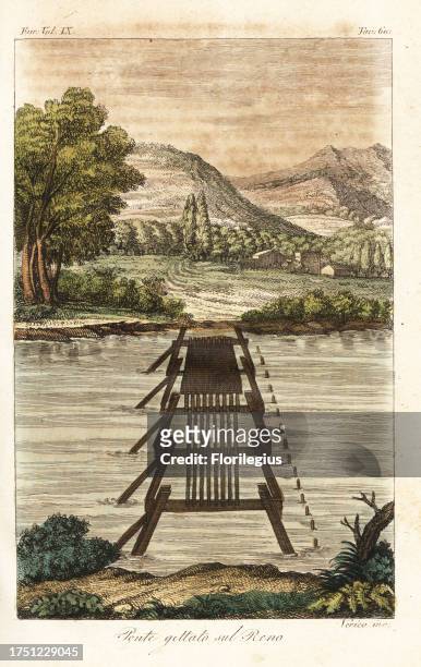 Roman bridge over the River Rhine, Germany. Built by Julius Caesar and his legions using timber pilings and beams during the Gallic War. Ponte...