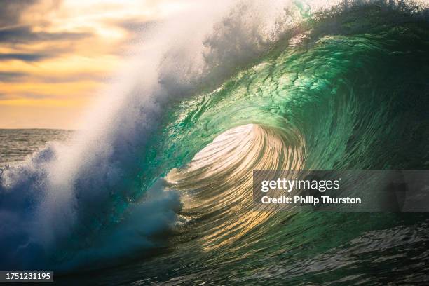 ocean wave energy breaking over shallow reef in golden light - smaragdgroen stockfoto's en -beelden