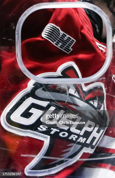 Detail view of the Guelph Storm jersey during the third period in an OHL game against the Oshawa Generals at Tribute Communities Centre on October...