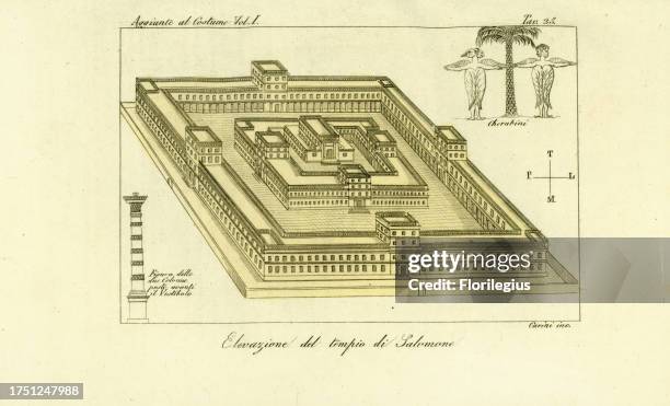 Elevation of Solomon’s Temple, Jerusalem. Cherubs and figure of columns set before the Vestibule. Elevazione del Tempio di Solomone. Hand-tinted...