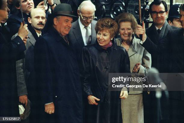 Mikhail Gorbachev, Denis Thatcher, Raisa Gorbachova and Margaret Thatcher during an official visit of the Russian leader to London on April 6, 1989...