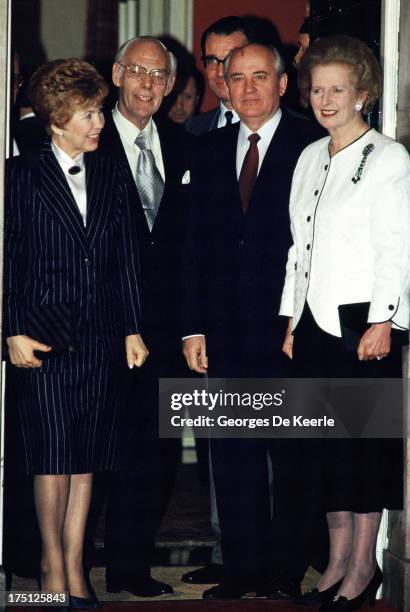 Raisa Gorbachova, Denis Thatcher, Mikhail Gorbachev and Margaret Thatcher at 10 Downing Street during an official visit of the Russian leader to...