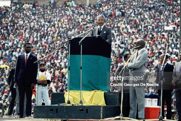 African National Congress leader Nelson Mandela holds a speech during a rally in Soweto on February 13, 1990 in Johannesburg, South Africa.