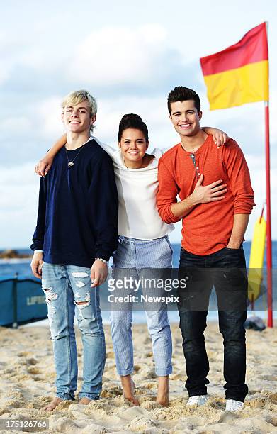 Disney stars Ross Lynch of 'Austin and Ally', Maia Mitchell of 'Teen Beach Movie' and Spencer Boldman of 'Lab Rats' poses at Coogee Beach on July 31,...