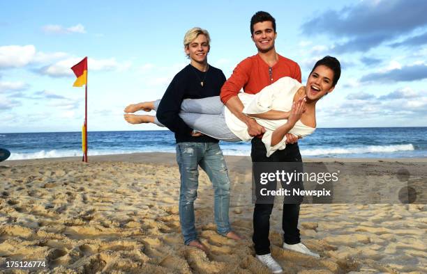 Disney stars Ross Lynch of 'Austin and Ally', Maia Mitchell of 'Teen Beach Movie' and Spencer Boldman of 'Lab Rats' poses at Coogee Beach on July 31,...