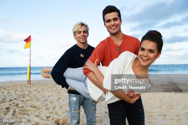 Disney stars Ross Lynch of 'Austin and Ally', Maia Mitchell of 'Teen Beach Movie' and Spencer Boldman of 'Lab Rats' poses at Coogee Beach on July 31,...