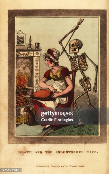 Skeleton of death aiming a dart at a woman using bellows in front of a fireplace. Death and the Industrious Wife. Handcoloured copperplate engraving...