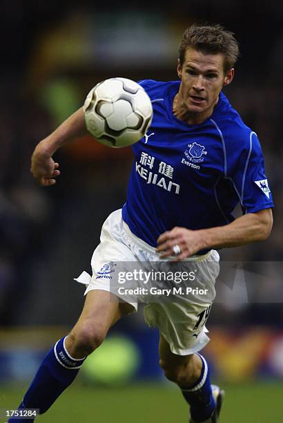 Brian McBride of Everton chasing the ball during the FA Barclaycard Premiership match between Everton and Sunderland held on January 18, 2003 at...