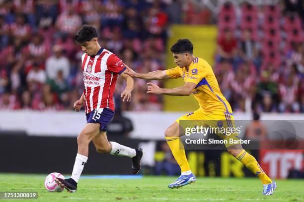 Erick Gutierrez of Chivas fights for the ball with Nicolas Ibanez during the 14th round match between Chivas and Tigres UANL as part of the Torneo...