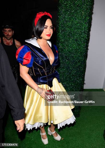 Demi Lovato is seen arriving to Vas Morgan and Michael Braun's Halloween Party on October 28, 2023 in Los Angeles, California.
