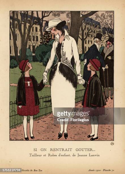 Woman and girls in fashions by Jeanne Lanvin. Woman in suit of white kasha with monkey fur. Girls in morrocan crepe dresses with velvet jackets. Si...