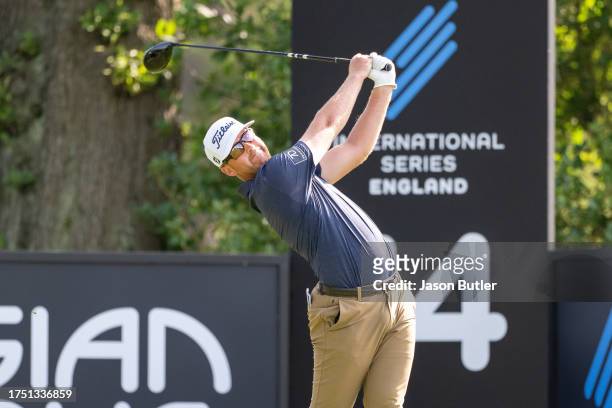Andy Ogletree of the USA tees off on hole 14 during the final round of the Asian Tour International Series England at Close House on August 20, 2023...