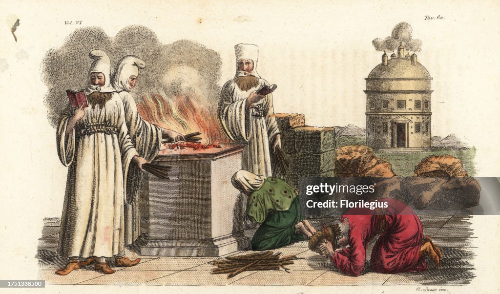 Farseer Ritual Ancient Persian priests in white robes performing ritual sacrifices ...