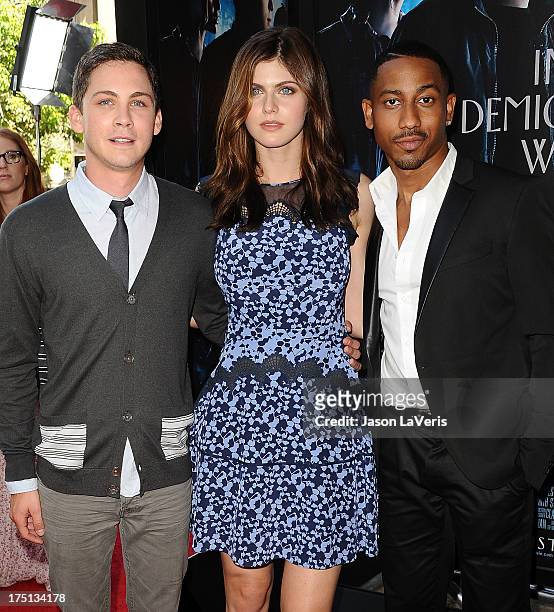 Actors Logan Lerman, Alexandra Daddario and Brandon T. Jackson attend the premiere of "Percy Jackson: Sea Of Monsters" at The Americana at Brand on...