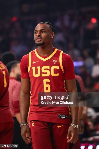 Bronny James of the USC Trojans looks on during the Trojan HoopLA event at Galen Center on October 19, 2023 in Los Angeles, California.