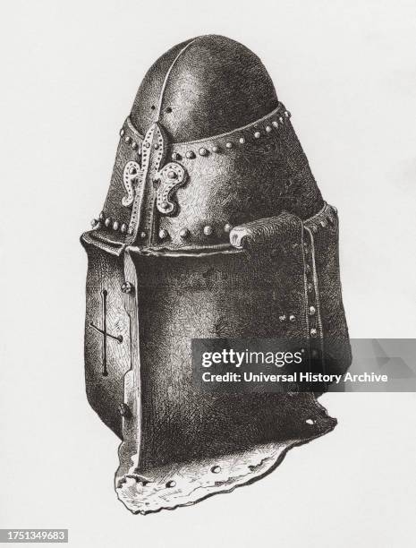 Helmet c. 1350, similar to that of the Black Prince in Canterbury Cathedral but with the Piece de Renfort on the left side. From The British Army:...