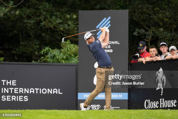 Andy Ogletree of the USA tees off on hole 2 during the final round of the Asian Tour International Series England at Close House on August 20, 2023...