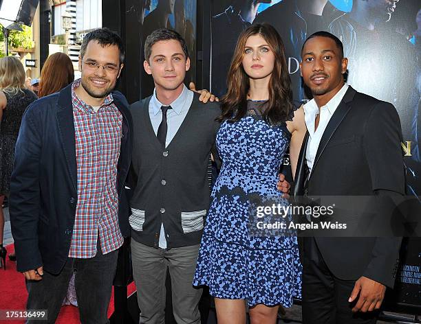Director Thor Freudenthal with actors Logan Lerman, Alexandra Daddario and Brandon T. Jackson arrive at the premiere of 'Percy Jackson: Sea Of...