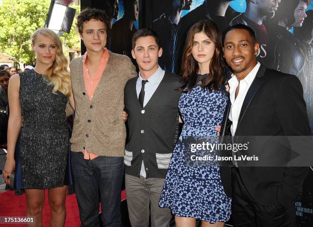 Actors Leven Rambin, Douglas Smith, Logan Lerman, Alexandra Daddario and Brandon T. Jackson attend the premiere of "Percy Jackson: Sea Of Monsters"...