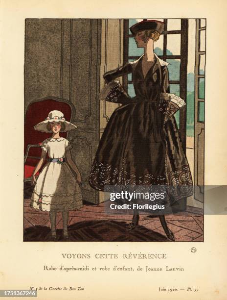 Woman in afternoon dress of black taffeta embroidered with arabesques and girl in white organdi dress with ribbon belt, both by Jeanne Lanvin. Voyons...