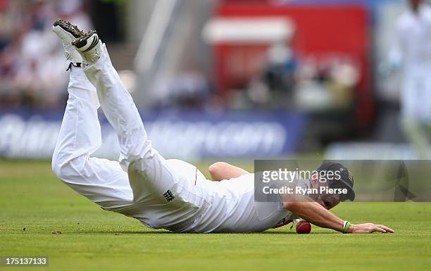 Kevin Pietersen of England fields the ball during day one of the 3rd Investec Ashes Test match between England and Australia at Old Trafford Cricket...