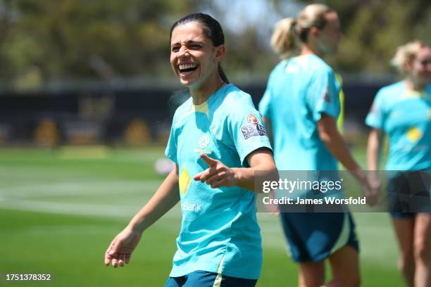 Alex Chidiac of the Matildas reacts after winning a practice drill during a Australia Matildas training session at WA State Football Centre on...