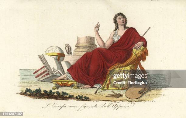Allegorical figure of Europe seated on a throne in a purple robe with books, globe, palette, sceptre, lyre and owl. After a painting by Andrea...