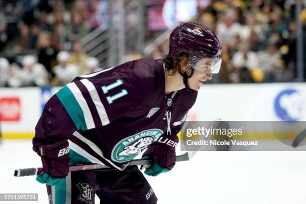 Trevor Zegras of the Anaheim Ducks smiles during the second period of the game against the Boston Bruins at Honda Center on October 22, 2023 in...