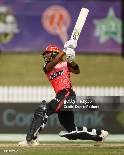 Hayley Matthews of the Renegades bats during the WBBL match between Melbourne Renegades and Adelaide Strikers at CitiPower Centre, on October 23 in...