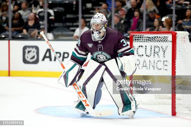 John Gibson of the Anaheim Ducks defends the net during the second period of the game against the Boston Bruins at Honda Center on October 22, 2023...