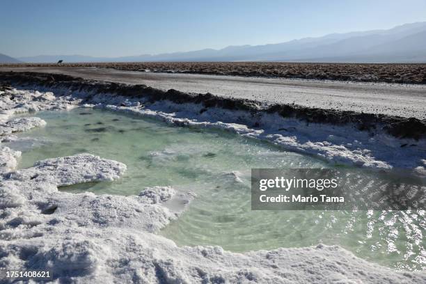 Pooled water is shown near the sprawling temporary lake at Badwater Basin salt flats, which was caused by flooding in August from Tropical Storm...
